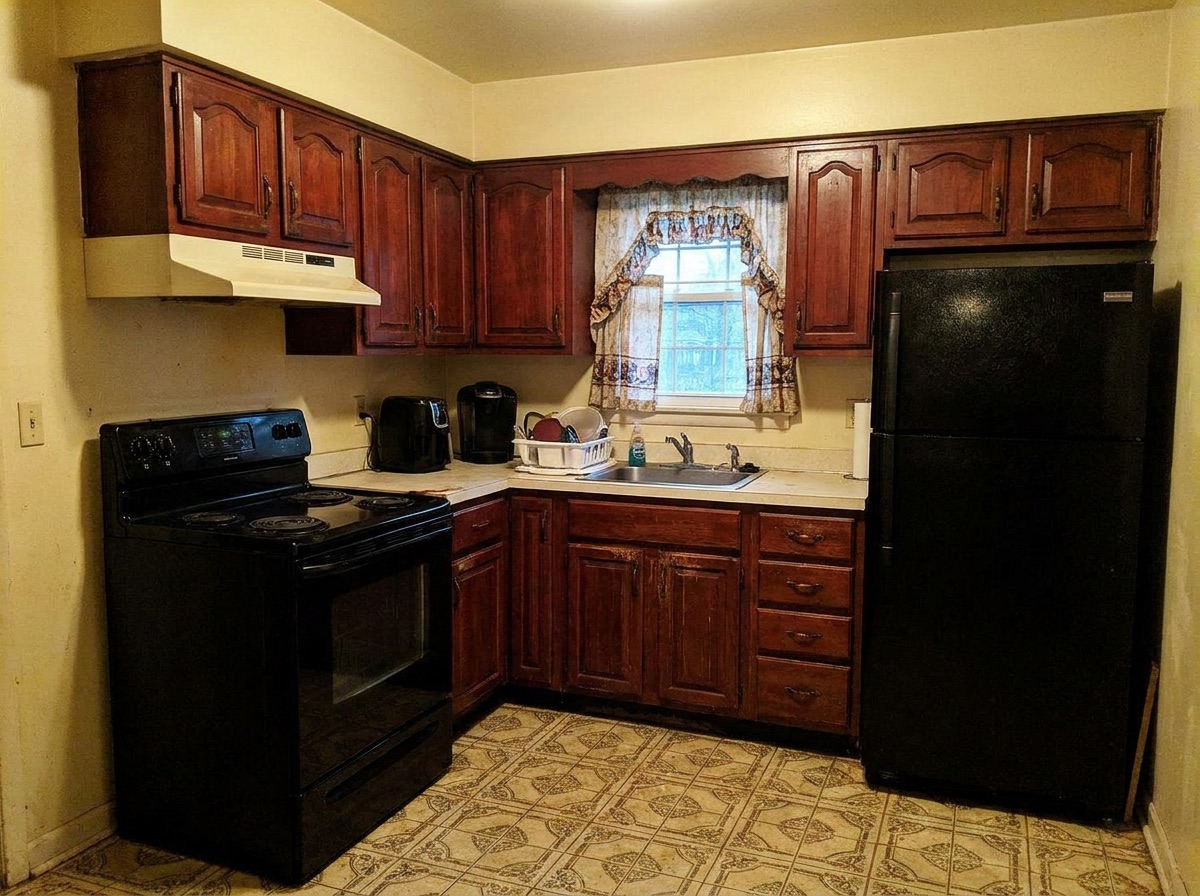 Dark dark-cherry kitchen before modernization