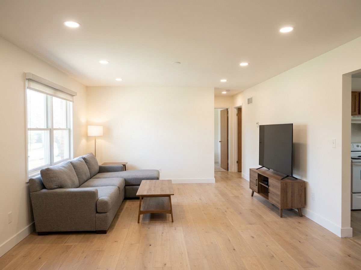 Modern living room after modernization with new flooring and integrated lighting