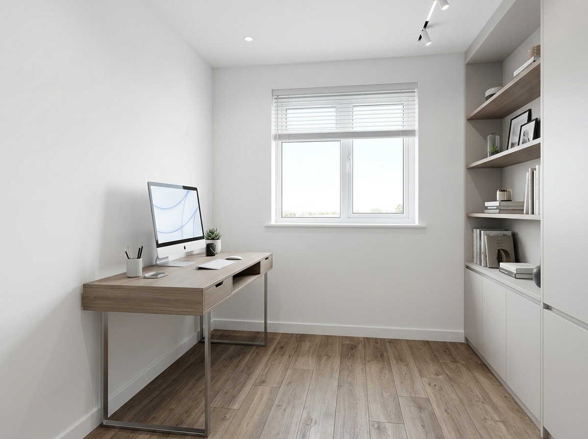 Clean modern home office after conversion with built-in storage and lighting